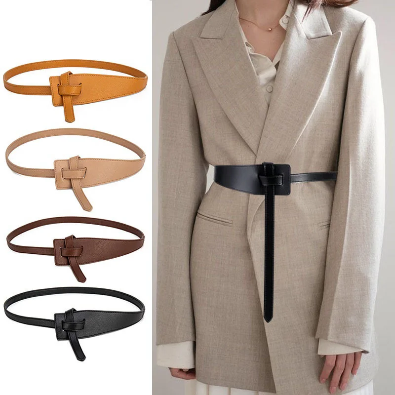 

Pu Leather Belts for Women Soft Knotted Strap Belt Long Dress Accessories Lady Waistbands