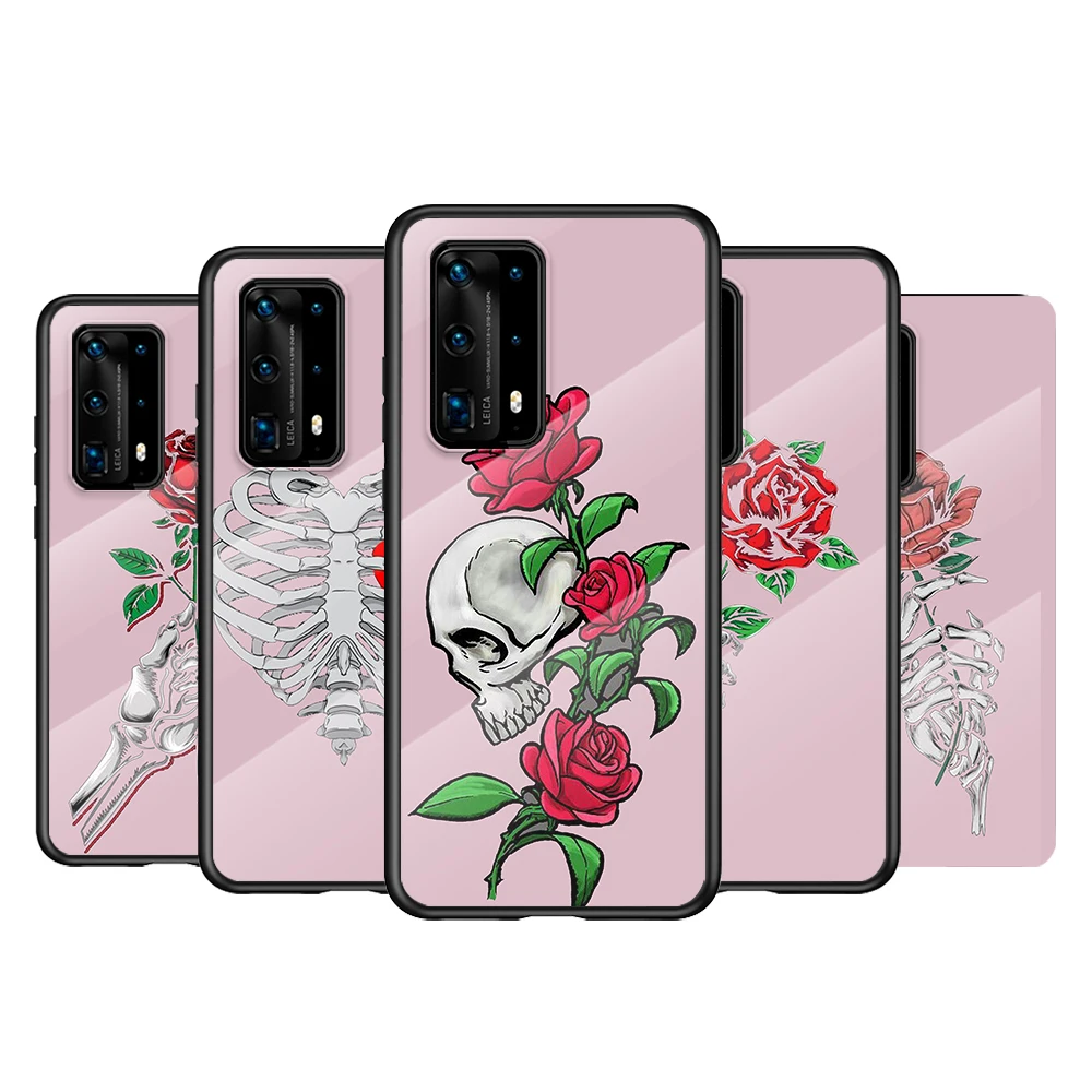 

Tempered Glass Cover Rose Skeleton Skull For Huawei P40 P30 P20 P10 Pro Plus Lite 5G 2019 Phone Case