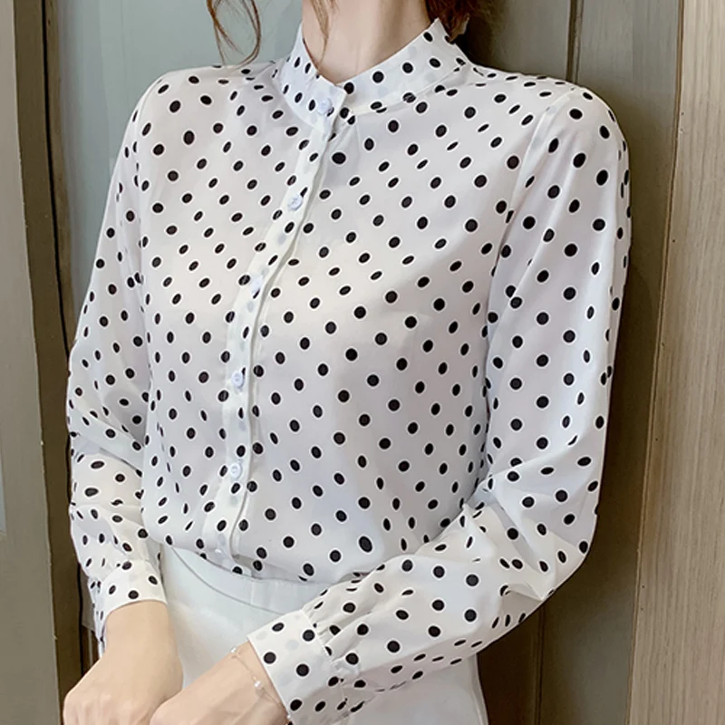 

Blouse Women Blusas Mujer De Moda 2021 Long Sleeve Women Blouses Shirts Stand Collar Dot Chiffon Blouse Shirt Tops Blusa D499