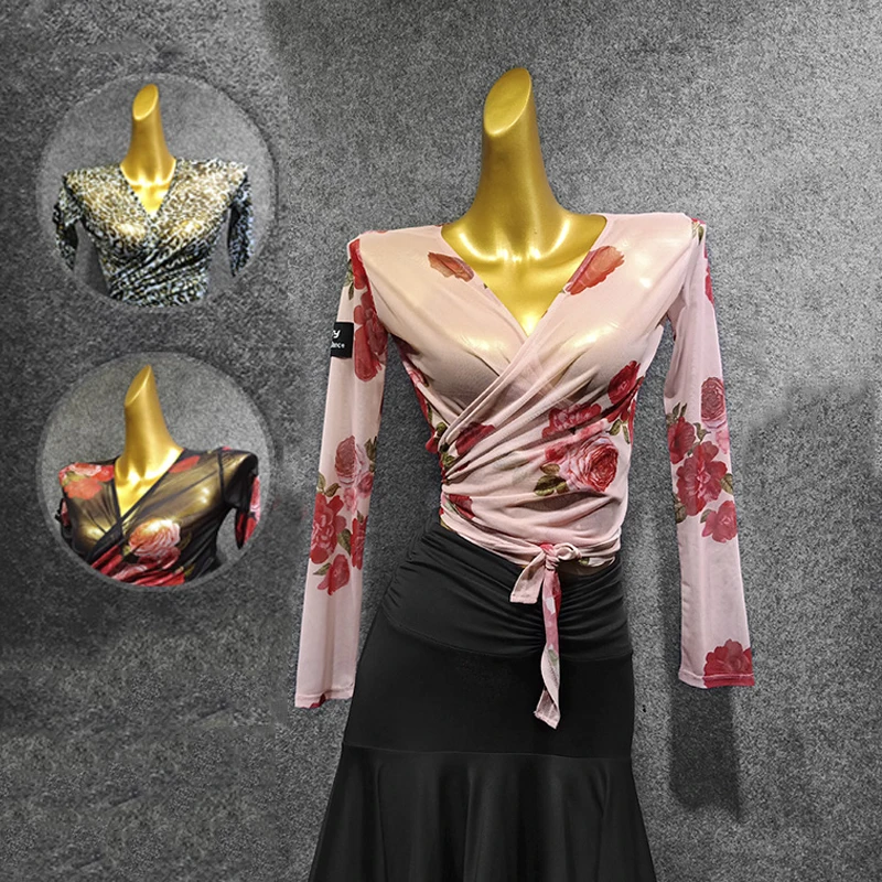 Топы для латиноамериканских танцев женские рубашки из спандекса с сеткой