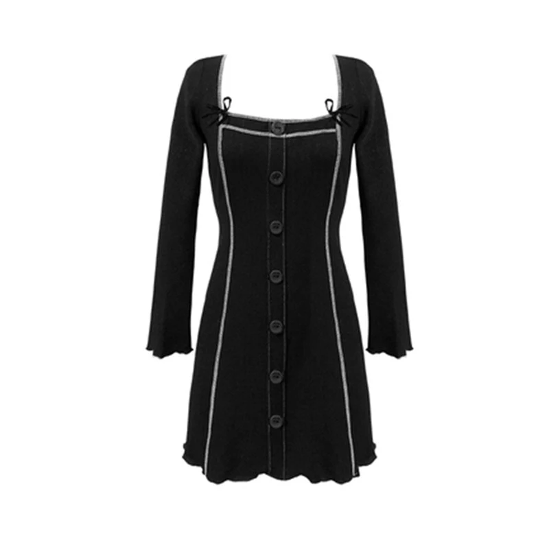 

PERHAPS U Black O Neck Long Sleeve Solid Autumn Mini Dress Pencil Elegant Button Long Sleeve D2086