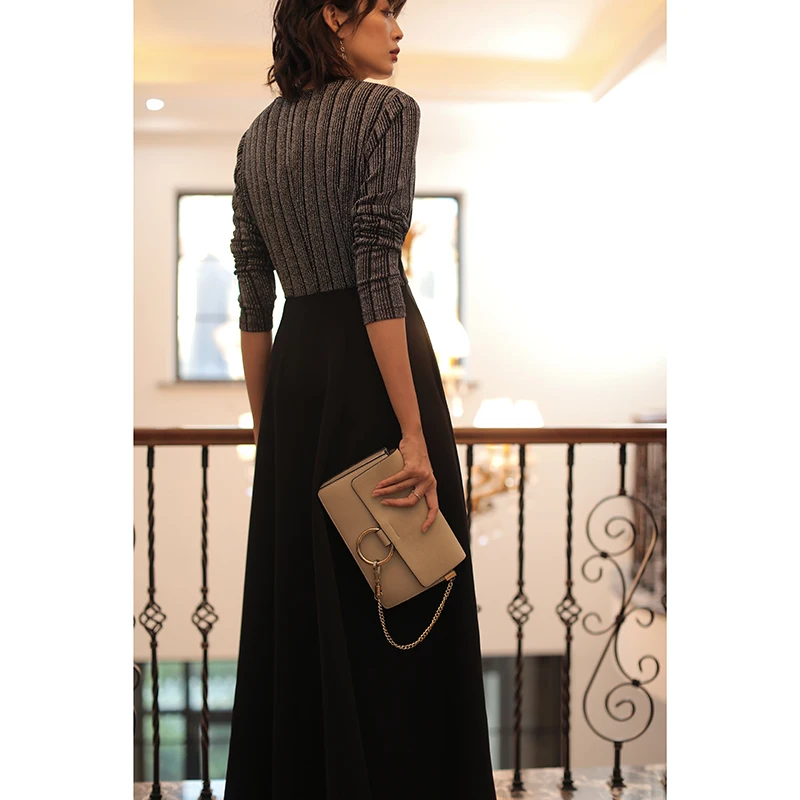 

XXL Long Dress 2020 Autumn Winter Designer Runway Women V-Neck Striped Print Patchwork Vintage Stud Beading Deco Long Maxi Dress