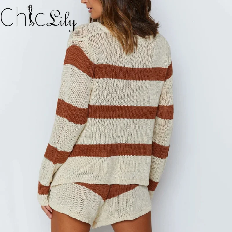 

Chiclily Long Sleeve Stripe Sweater Suit Drawstring Shorts 2 Piece Set Women Outfits Autumn Fashion