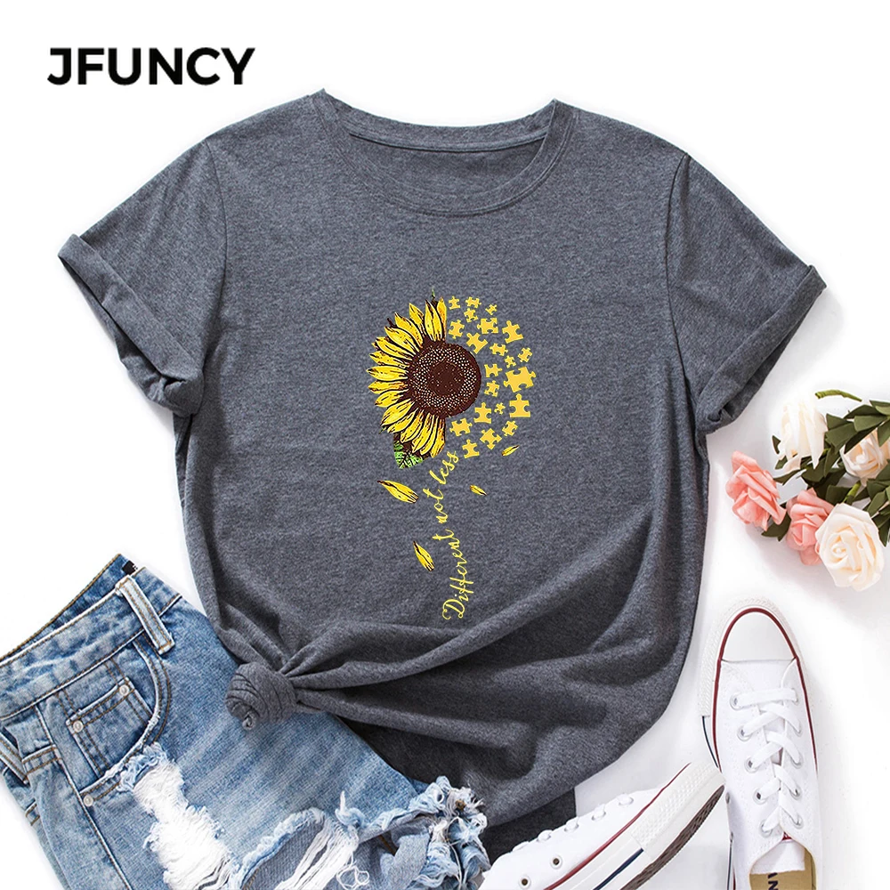 JFUNCY  Women T-shirt Female Short Sleeve T Shirt Sunflower Print Graphic Tops Woman Loose Shirts Summer Cotton Clothes