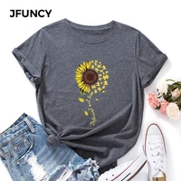 jfuncy women t shirt female short sleeve t shirt sunflower print graphic tops woman loose shirts summer cotton clothes