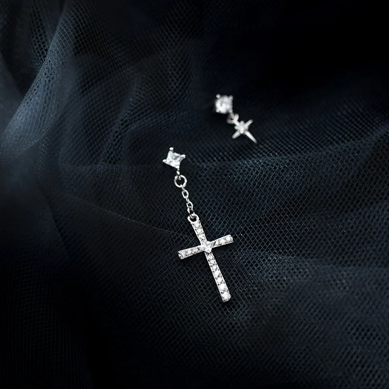 

PONYKISS Trendy S925 Sterling Silver cross and stars Zircon Tessal Stud Earrings Women Party Fine Jewelry Minimlist Accessory