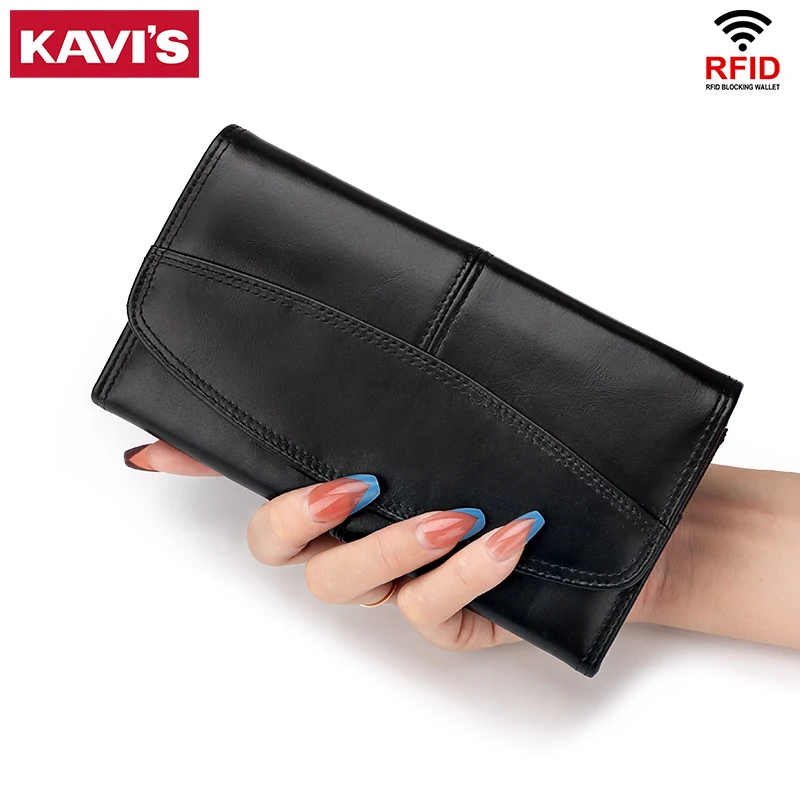 

KAVIS New Fashion Women Wallets Brand Leather Long Handy Wallet Purse Rfid Genuine Leather Female Clutch Card Holder Carteras