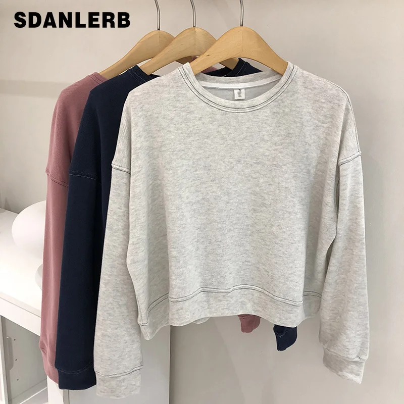 

Short Hoodies for Women 2021 Autumn New Fashionable Sweatshirt Retro Round Neck Long Sleeve Pullover Solid Color Loose Top