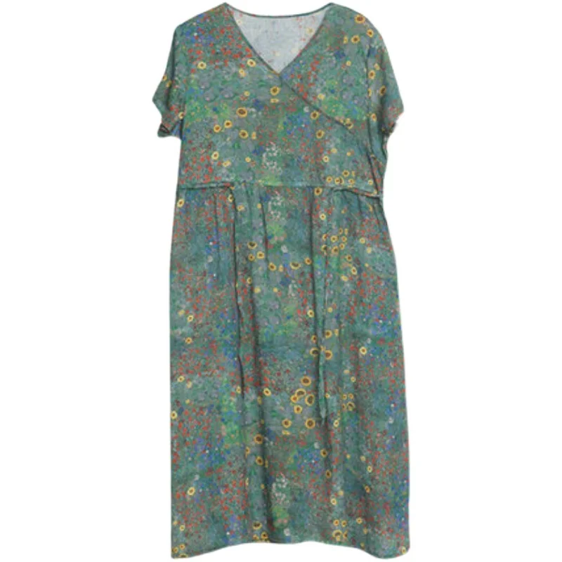 

COIGARSAM Patchwork Women dress New Summer Print Loose Thin Belt Dresses Green 1873