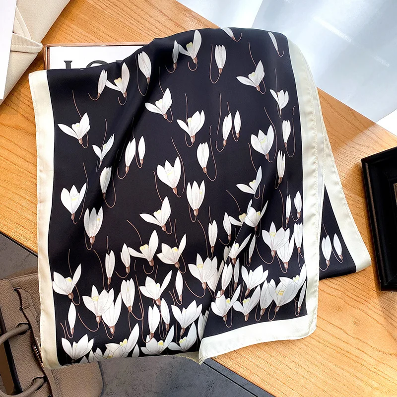 

2022 Spring Long Scarf for Women Design Flower Print Silk Feeling Hair Band Foulard Female Office Neckerchief Lady Bandana