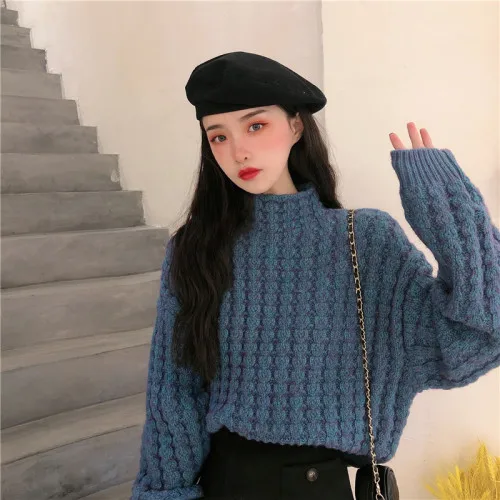 

2020 New Spring Autumn Women's Solid Color Knitting Sweater Female O Neck Puff Sleeve Knitted Sweater Ladys Knit Tops