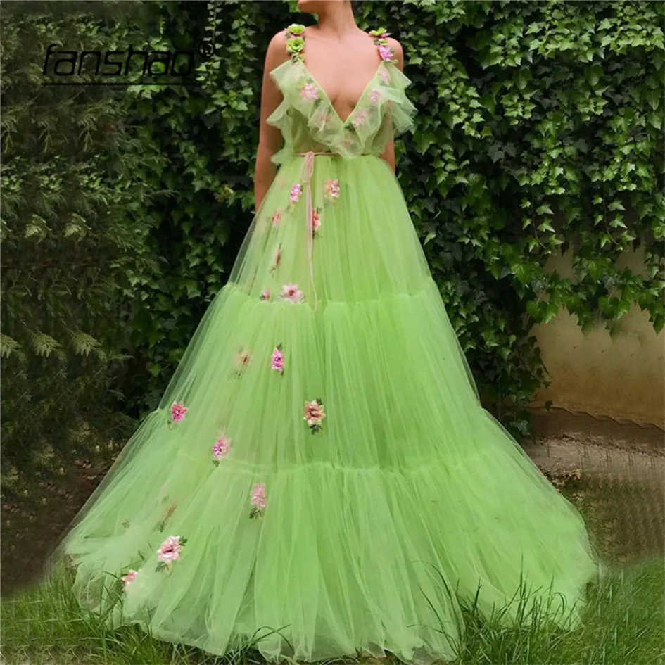 

Mint Green Muslim Evening Dresses A-line Flowers Elegant Islamic Dubai Saudi Arabic Long Boho Evening Gown Prom Dress