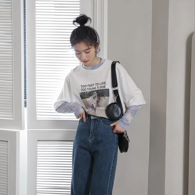 

Tie-Dying T-Shirt Korean Round Neck T Shirt Women's Long-Sleeve Pullovers Tees Female Mesh Slim Tops Tshirts Summer Ropa Mujer