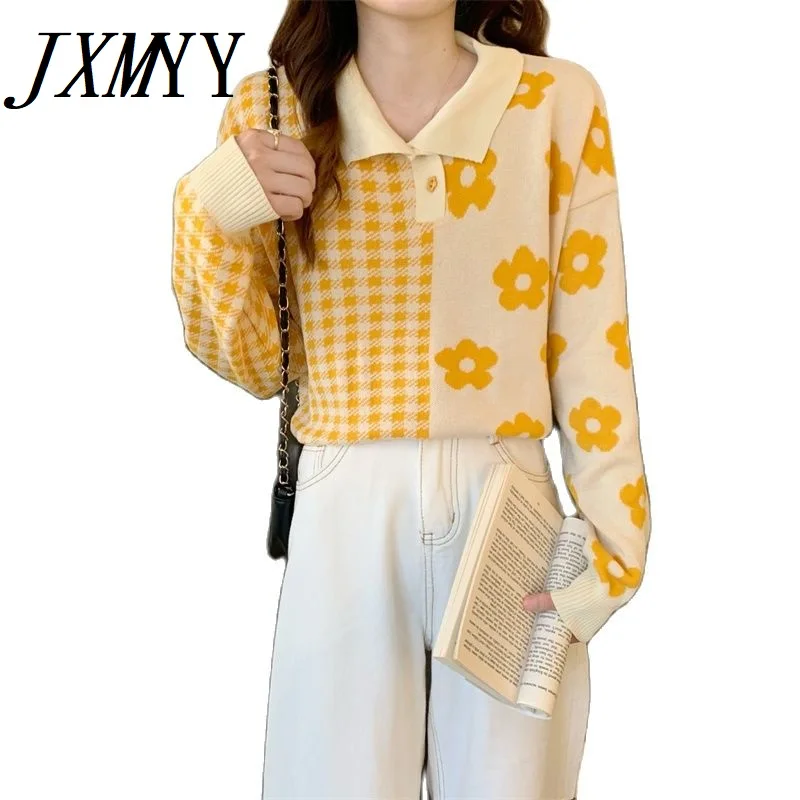 

JXMYY 2022 Autumn And Winter New Fashion Wild Ins Retro Polo Collar Loose Thin Flower Sweater Long-Sleeved Women