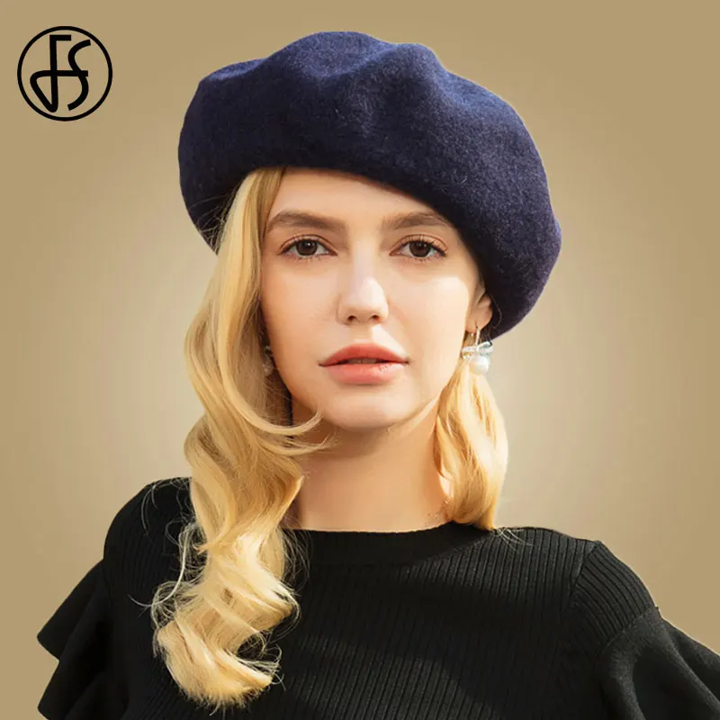 FS шерстяная женская зимняя шапка французский берет синяя винтажная женские