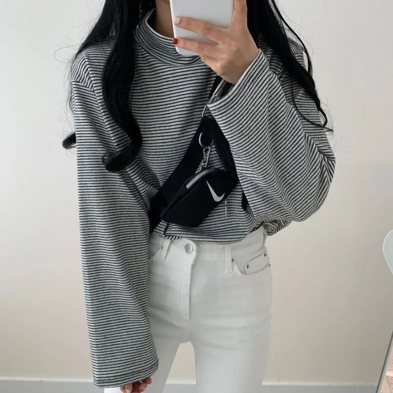 

Простая Корейская Весенняя футболка с длинным рукавом, базовая маленькая полосатая рубашка с воротником-стойкой, универсальная, свободная,...