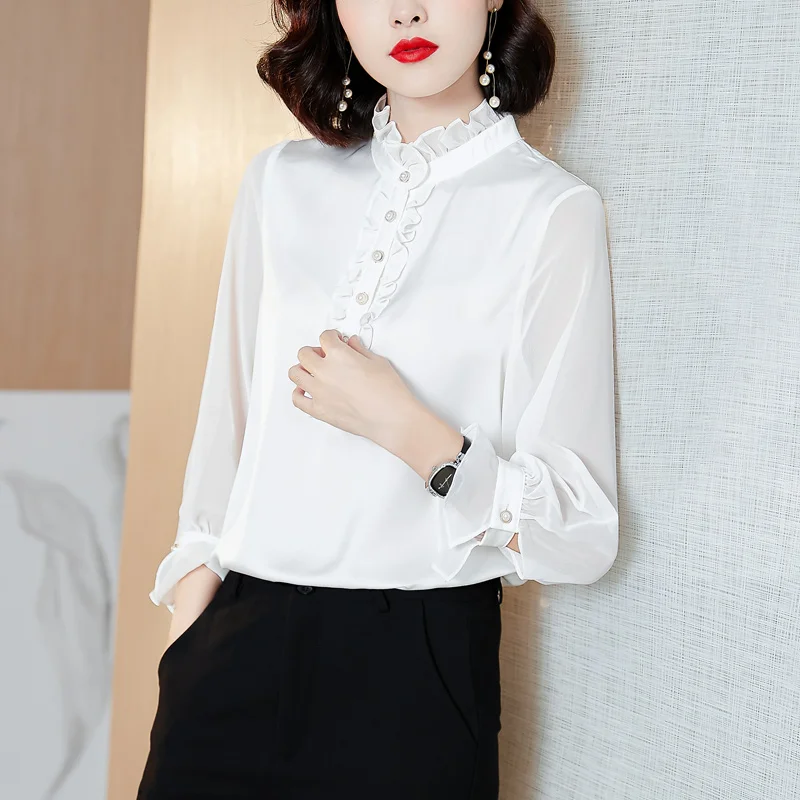 Satin silk shirt women blouse tops spring autumn elegant long-sleeved ruffled high-quality office ladies work shirt female Party