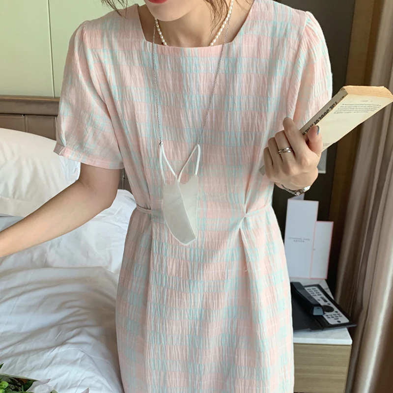 

Kimotimo Plaid Puff Sleeve Dress Women Korean Ins Summer Square Collar Belt Waist Color Contrast Long Dresses Elegant Fashion