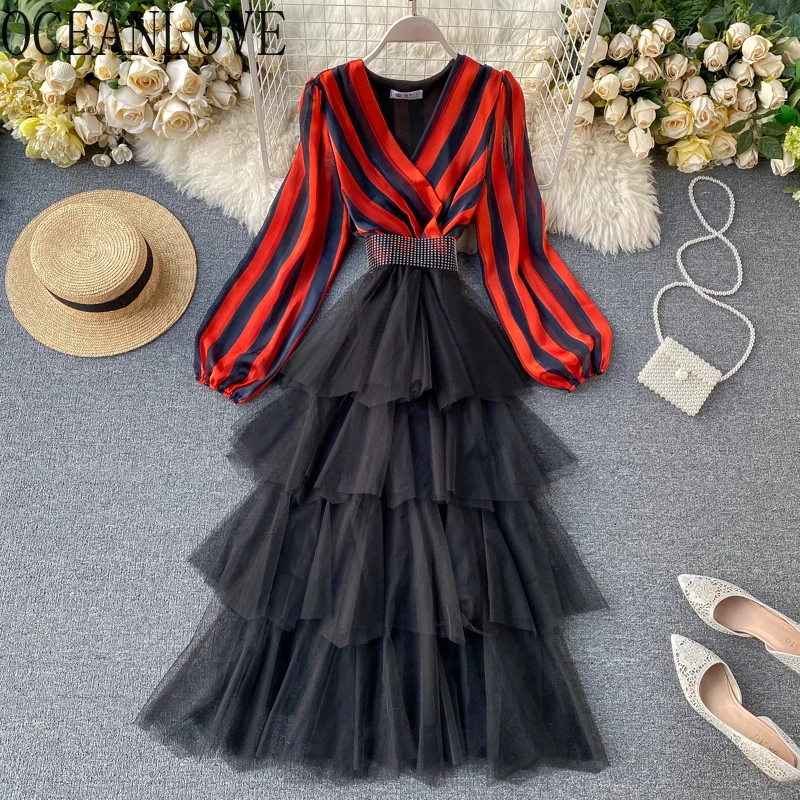 Женское вечернее платье OCEANLOVE длинное в полоску с оборками и v образным вырезом