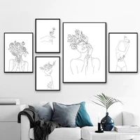 black white simplicity line drawing posters and prints abstract flower woman artwork canvas painting wall art picture home decor