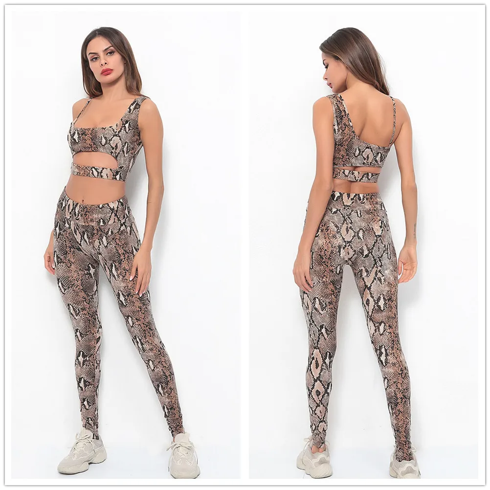 Змеиный узор полый жилет бюстгальтер компрессионные Брюки 2 шт. Набор для йоги