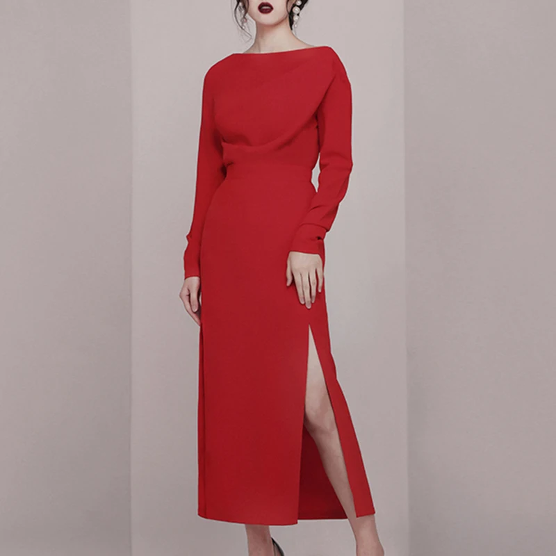 Max Spri Slash Neck Slim Split Women 2 Piece Sets New Fashion Long Sleeves Office Lady Skirt Suits Black Red