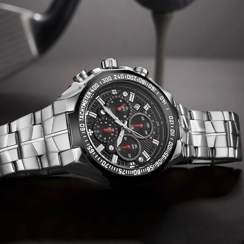 

WWOOR Sports Chronograph Watch Men Top Brand Luxury Silver Black Big Dial Quartz Clock Mens Full Steel Wristwatch Relojes Hombre
