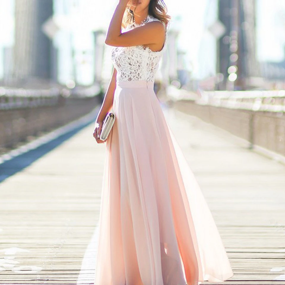 

2021 Autumn Hot Sale New Lace Panel Women Chiffon Maxi Dresses Round Neck Sleeveless Dress Slim Fit Harajuku Fashion Party Dress