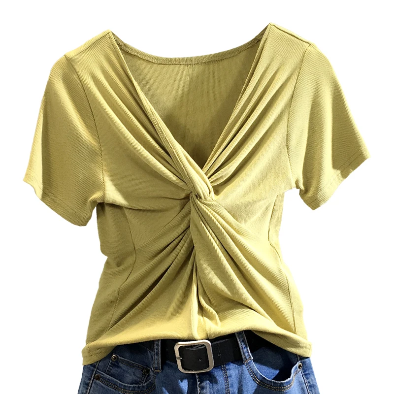

Summer Short Sleeve T-shirt Top Female 2020 Summer New Cross V-neck Short T Shirt for Women Ladies Slim Bodycon Shirt Tshirt