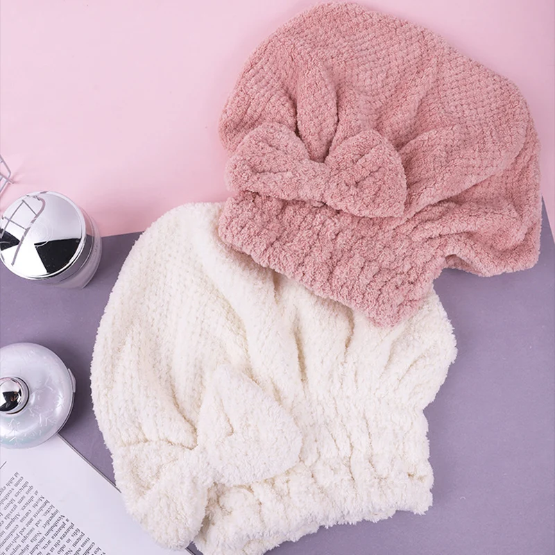 

Hot Cute Dry Hair Shower Cap Microfiber Hair Tie with Bow Wrapped Superfine Fiber Cap for Girls t6