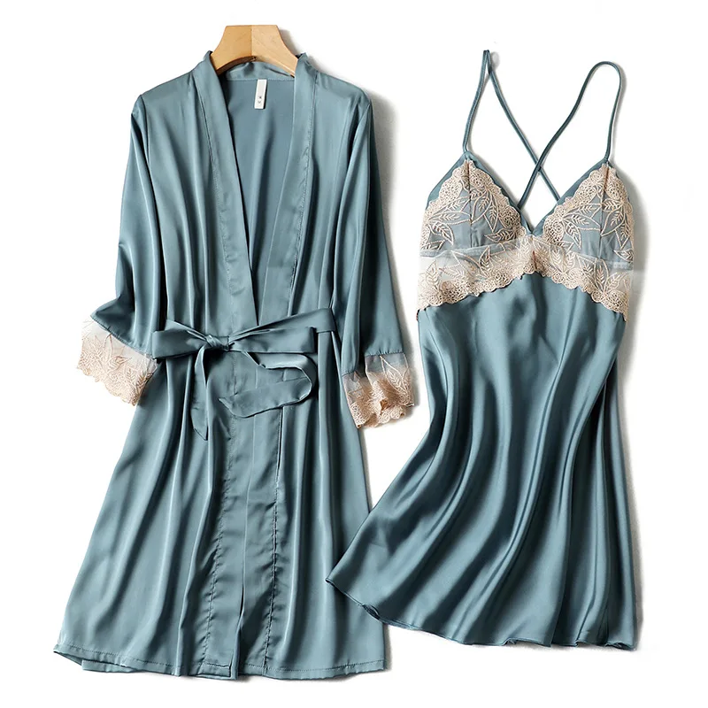 

Casual Lace Sexy Kimono Bathrobe Gown Intimate Lingerie Blue Bride Bridesmaid Wedding Robe Set Soft Sleepwear Homewear