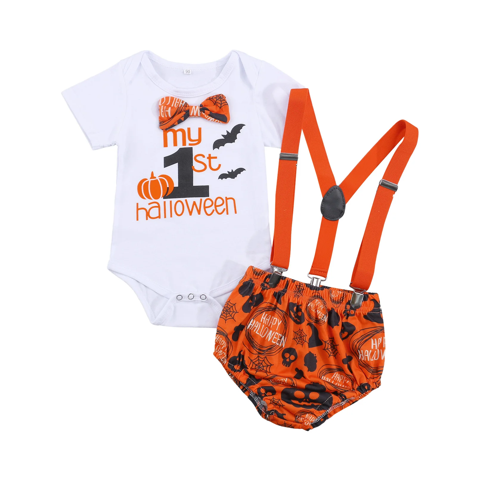 

2 Pieces Baby Suit Set, Halloween Letter Pumpkin Print O-Neck Short Sleeve Romper+ Suspender Shorts For 6-18 Months Baby