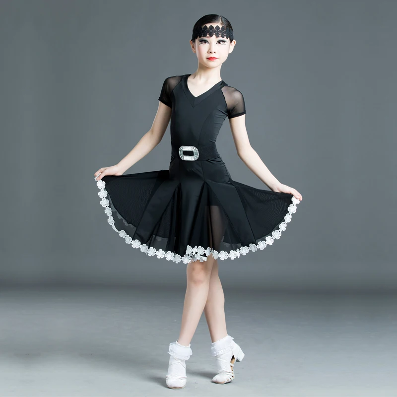 

2020 New Latin Dance Dress Kidswear V Neck Embroidery Skirt Mesh Sleeves Rumba Club Party Show Costume Performing Black Dress