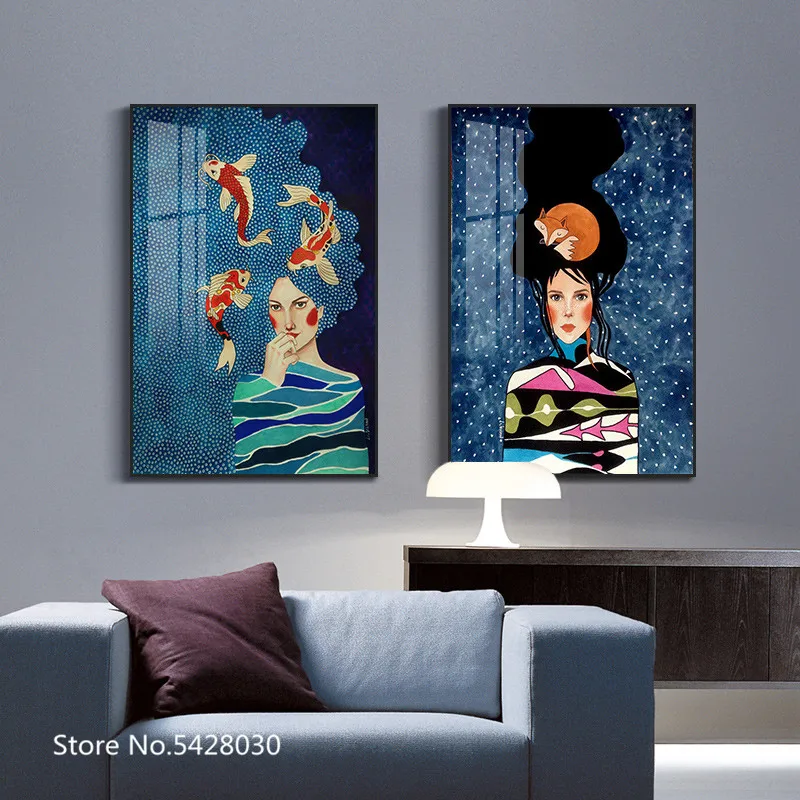 Абстрактная девушка волосы цветок птица настенная Картина на холсте