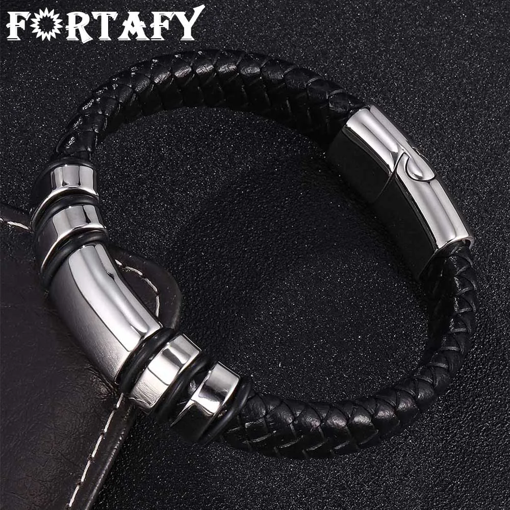 

FORTAFY Mens Jewelry Black Braided Leather Rope Bracelet Magnetic Buckle Bangles Punk Accessories Male Weave Wrist Band FR0986