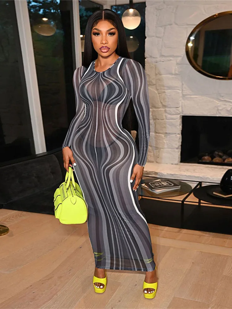 

WJFZQM женское Клубное длинное платье макси Сетчатое прозрачное черное сексуальное платье с принтом для женщин облегающее платье с длинным рукавом Осень 2021