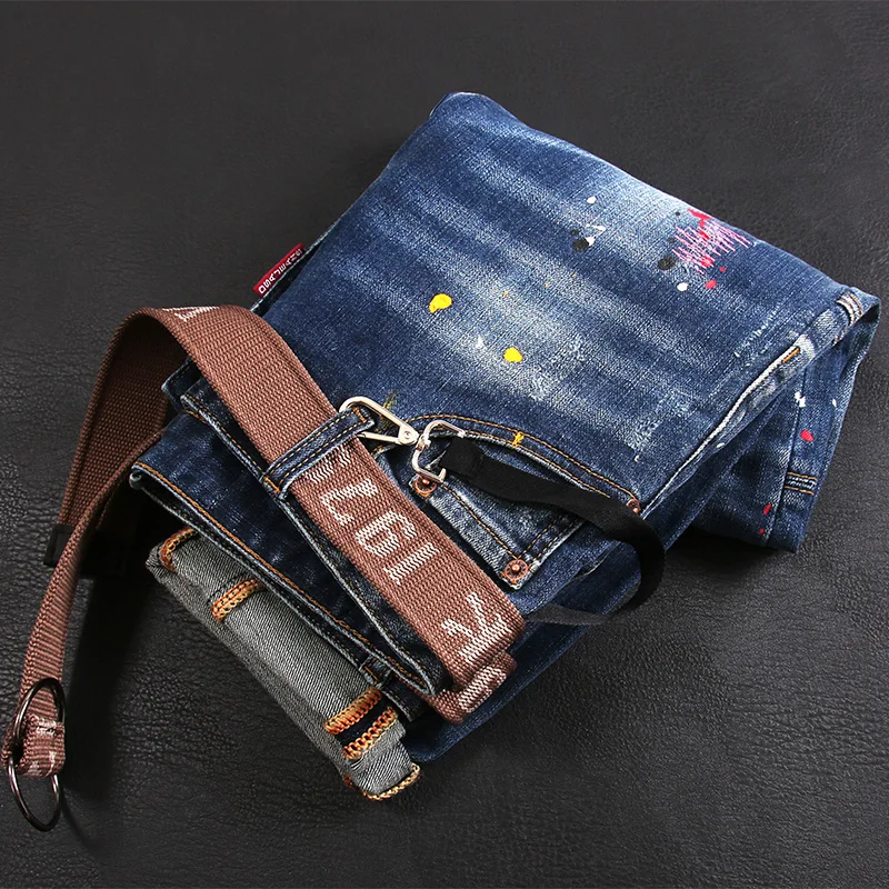 European American Fashion Men Jeans Retro Blue Elastic Slim Fit Ripped Jeans Men Street Splashed Painted Designer Hip Hop Pants