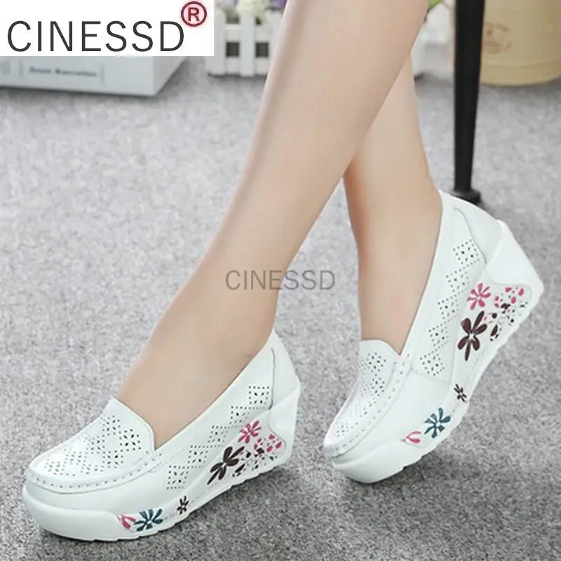 

CINESSD New Women's Genuine Leather Platform Shoes Wedges White Lady Casual Shoes Swing mother Shoes Size 35-40