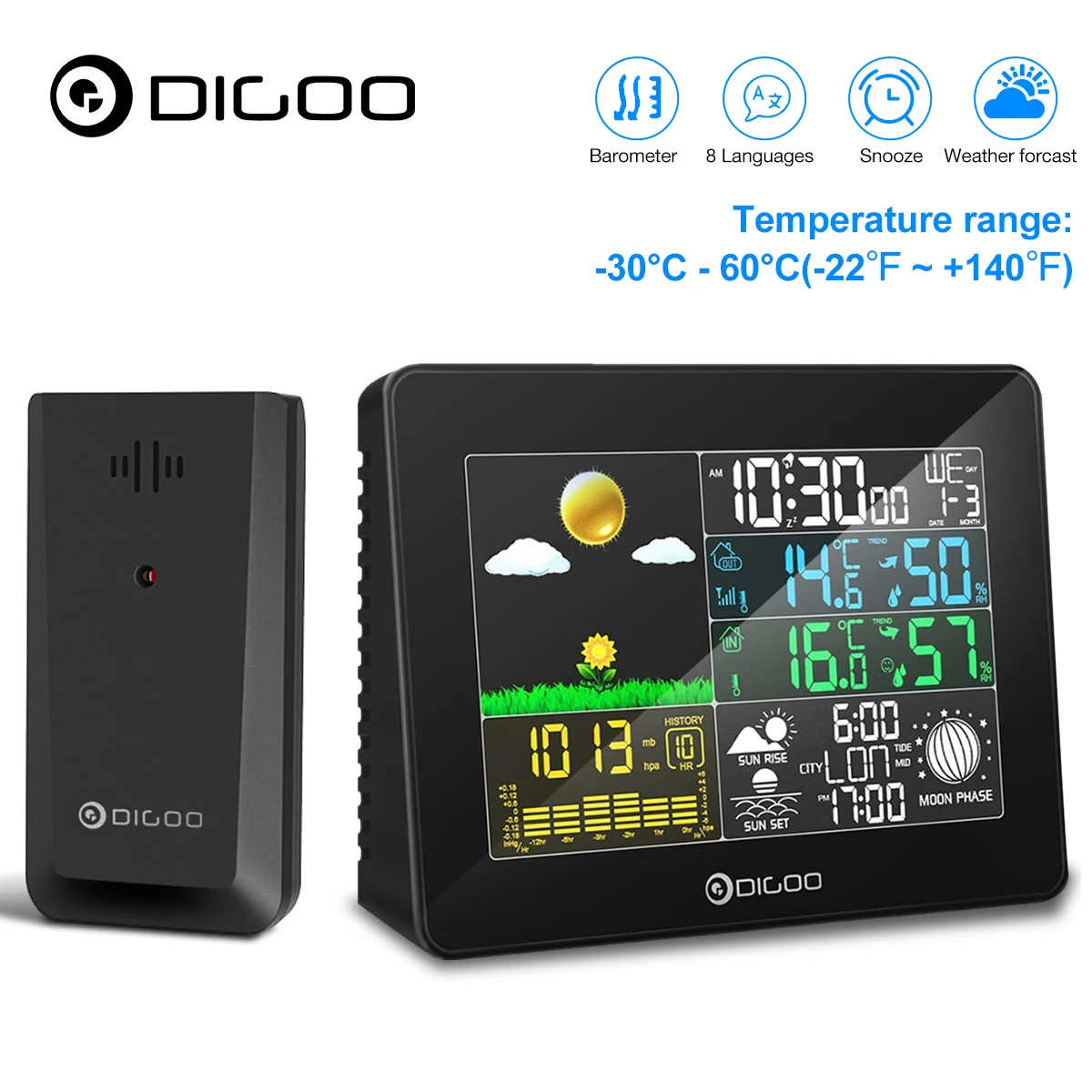 DIGOO DG-TH8868 Weather Station Indoor Outdoor LCD Thermometer Humidity Snooze Alarm Clock Sunrise Sunset Calendar Forecast | Инструменты