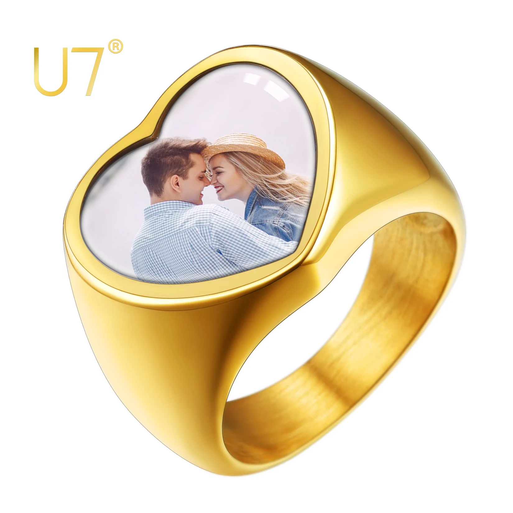 

U7 Signet Rings Personalized Stainless Steel Photo Picture Print Text Engraving Inside Heart Ring for Men Women Christmas Gift