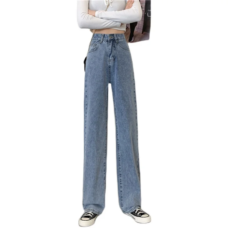 

Light Blue High Waist Jeans for Women 2021 New Early Spring Ins Trendy Slimming Loose Straight Wide Leg Mop Trousers