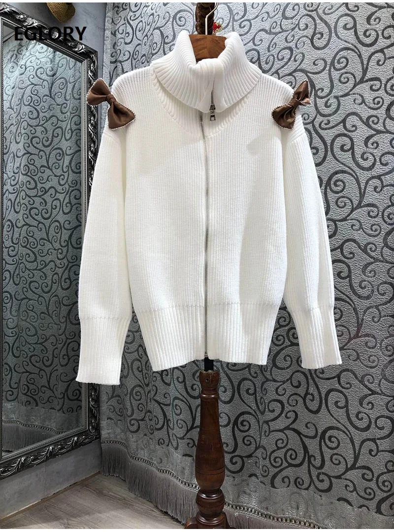 

Turtleneck Sweater Cardians 2021 Spring Fashion Style Women Beading Bow Deco Long Sleeve Casual White Cardigan Tops Coat Ladies