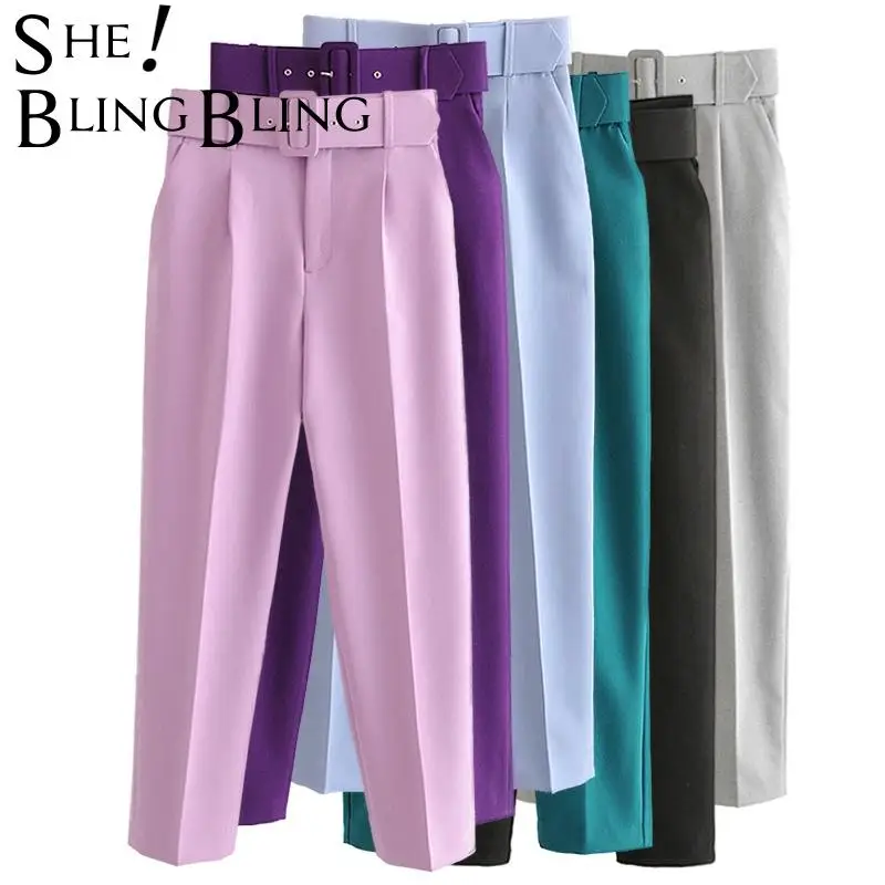 Женский офисный костюм SheBlingBling комплект из блейзера и брюк голубые брюки с поясом