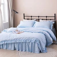 100 pure cotton plaid ruffles solid color blue skirt style bedding set simple style ropa de cama couvre lit duvet cover set