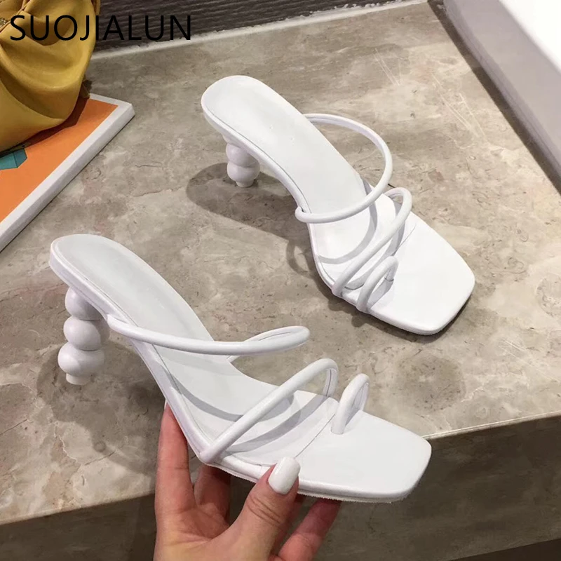 Шлепанцы SUOJIALUN женские с круглым каблуком модные сандалии узкими ремешками