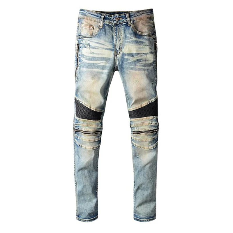 

New Men's male fashion casual PU leather patchwork biker jeans Zippers retro light blue stretch denim slim pants trousers