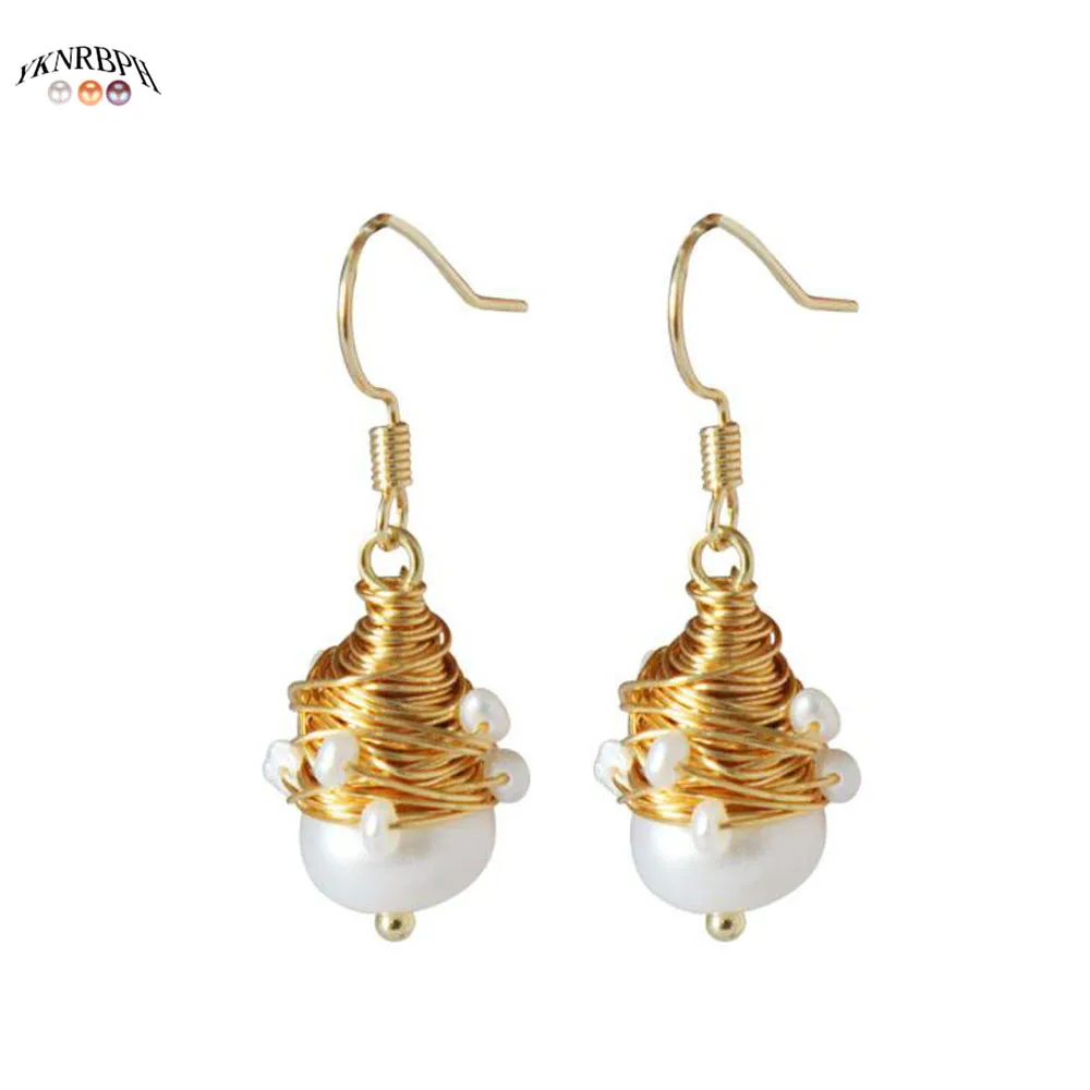 

YKNRBPH Women's 14k gold Wire Wound Natural Freshwater Pearl Drop Earrings Girls Party Earrings Jewelry