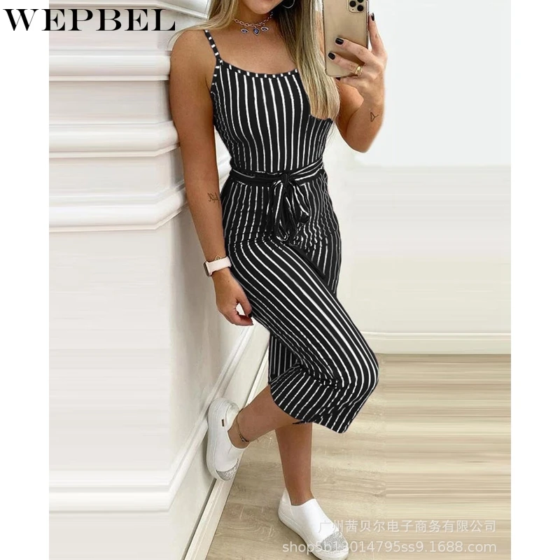 

WEPBEL Striped Printed Jumpsuits Women's Slim Jumpsuits Summer Lace Up High Waist O-Neck Spaghetti Strap Straight Jumpsuits
