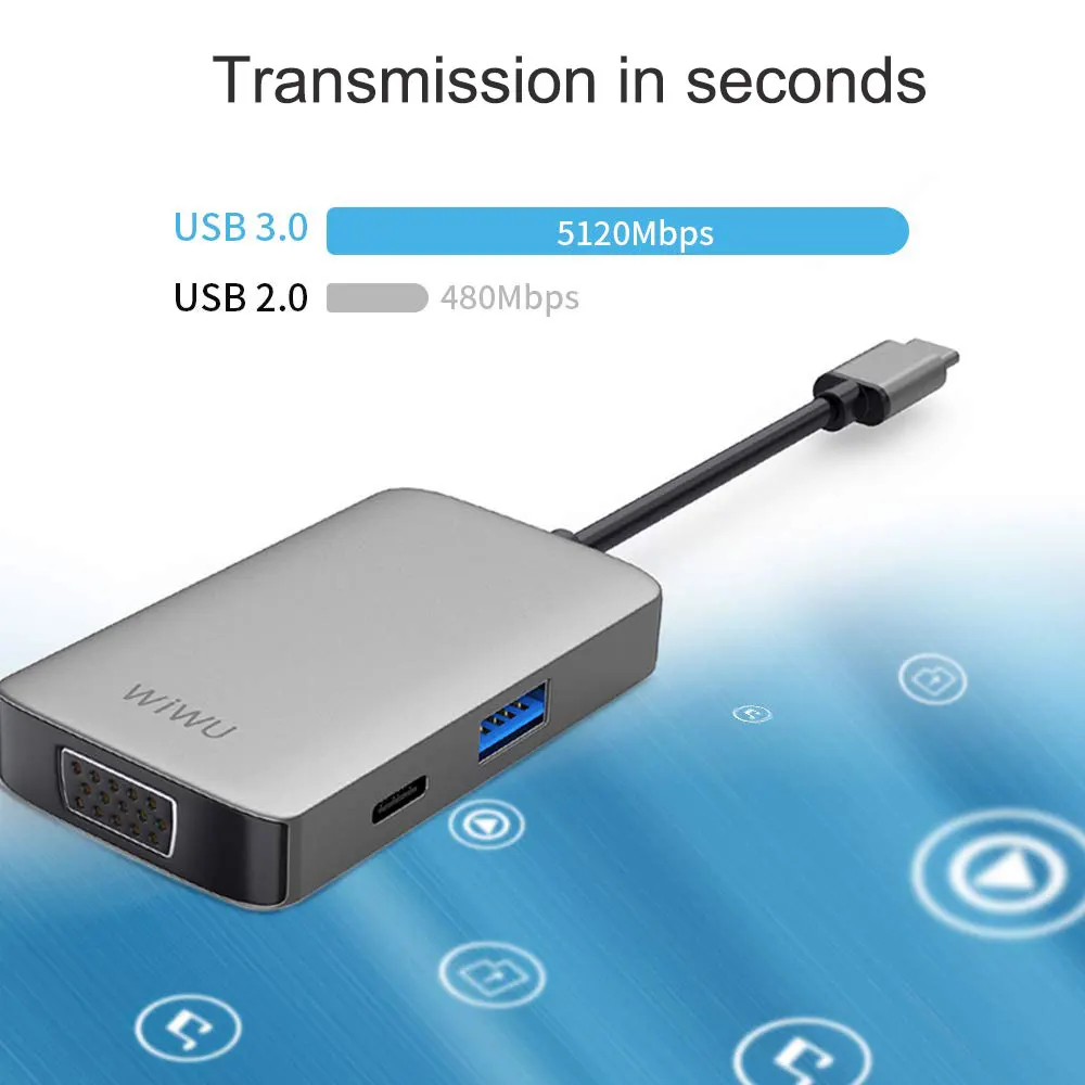 Usb концентратор WIWU 5 в 1 мульти порты VGA HDMI адаптер для MacBook Pro Type C 3 мм аудио USB