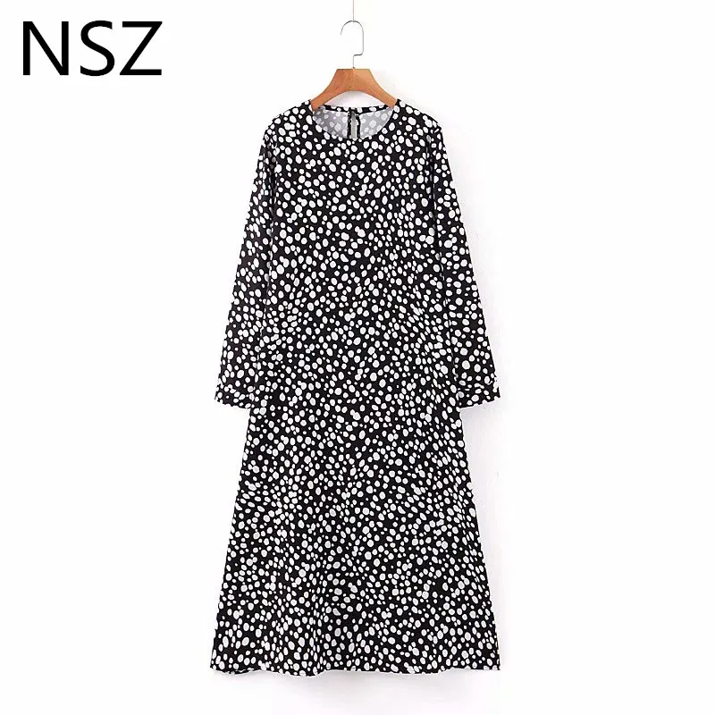 NSZ женское длинное платье в горошек с длинным рукавом и круглым воротником